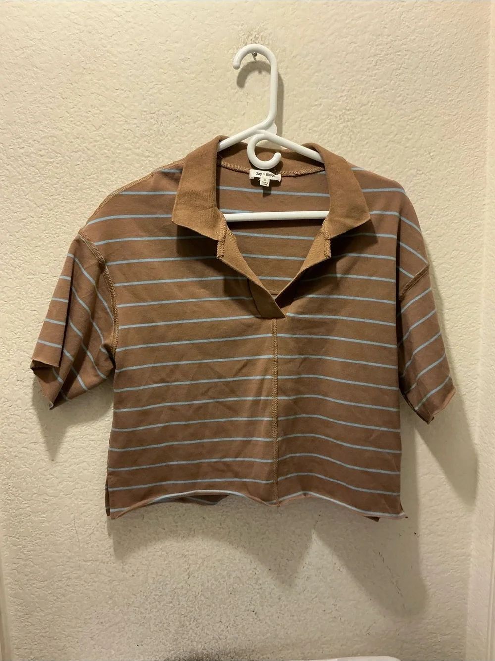 Dayโ+ moon Brown Striped Collared Crop Top with Light Blue Stripes